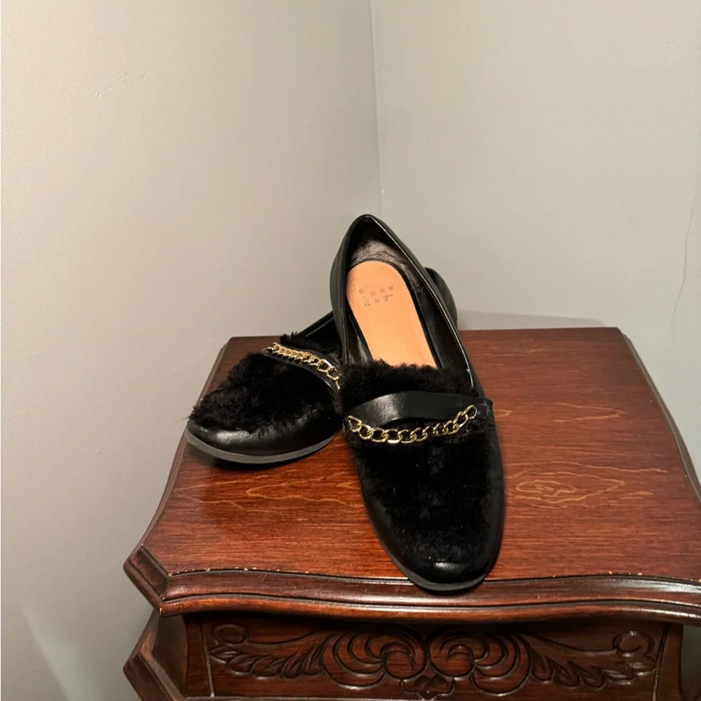 Black and Gold Patent Leather Flats with Chain Detail
